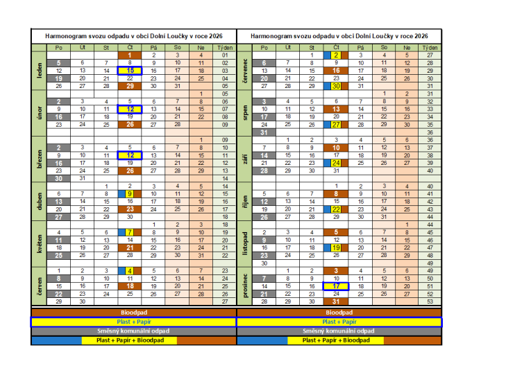 Harmonogram svozu odpadu 2026